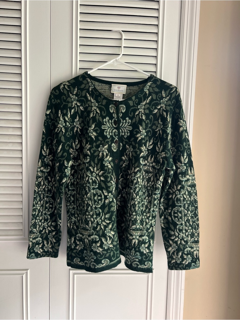 Susan Bristol Green Floral Knit Cardigan Button Up Vintage